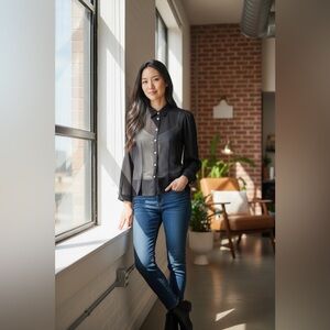 Story On Black Sheer Button-Down Blouse | Long Sleeve Party Top | Small | NWT